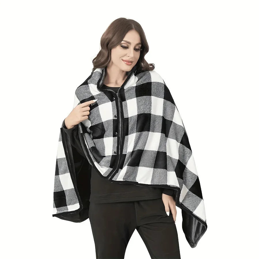 Poncho Plaid Carreaux Gris Clair