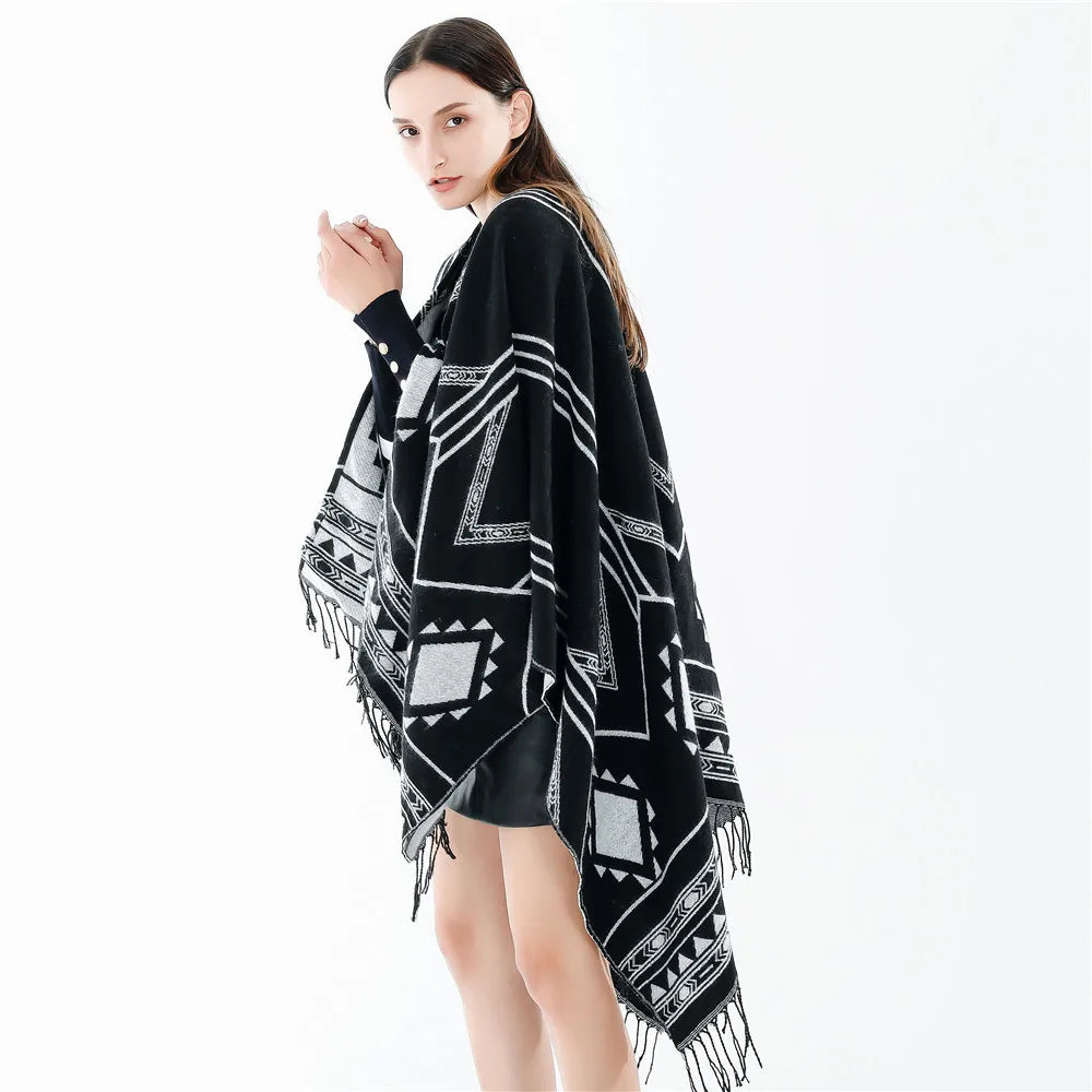 Poncho Géométrique à Franges Femme