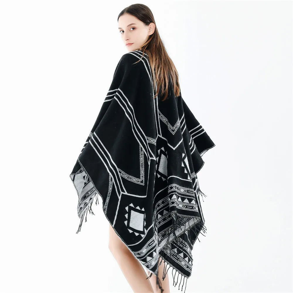 Poncho Géométrique à Franges Femme